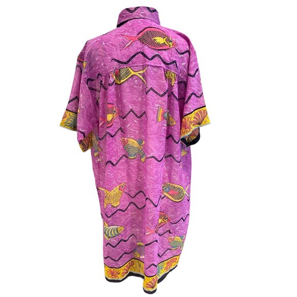 Tropical Fish Print Kaftan Dress Purple Yellow One Size By Rima 100% Shiffon - Picture 3 of 6